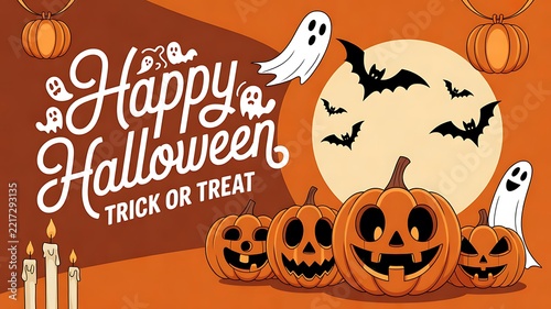 Happy halloween greeting with carved pumpkins ghosts bats and spooky festive decorations