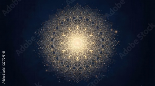 Golden shining mandala pattern on a dark blue background, featuring intricate sacred geometry design, promoting spiritual healing and meditation.