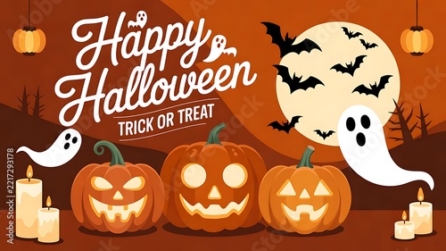 Happy halloween greeting with pumpkins bats ghosts candles and festive decorations