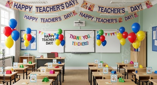 Teacher's Day Celebration in a Classroom: A lively classroom decorated with Happy Teacher's Day banners, balloons, and a Thank You, Teachers! message on the whiteboard.