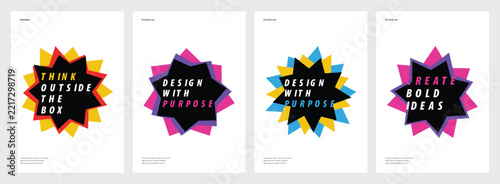 Creative minimalist poster design set featuring bold geometric star shapes and motivational typography slogans for modern office wall art