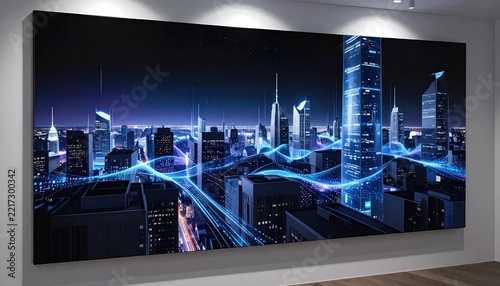 Cityscape at Night with Blue Lights.
