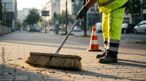 Municipal street sweeper cleaning sidewalk pavement with broom in the city