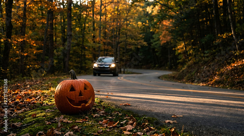 Jack o lantern pumpkin resting by a winding autumn road with car headlights
