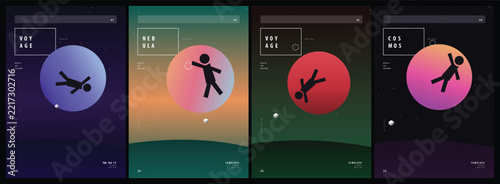 Abstract geometric poster design set featuring minimalist human silhouette icons and vibrant gradient circles for modern creative branding
