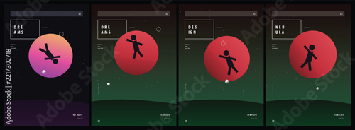 Modern Minimalist Poster Design Featuring Abstract Motion Figures and Vibrant Geometric Gradient Spheres for Creative Visual Art Displays