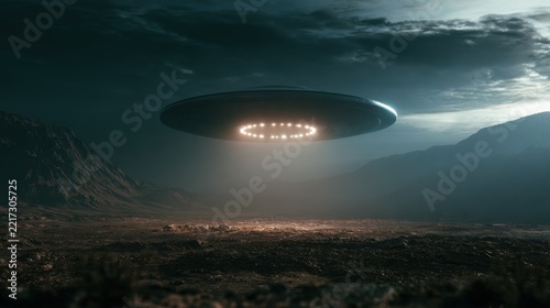 Mysterious flying saucer with glowing lights hovering over barren rocky desert landscape under cloudy sky at dusk