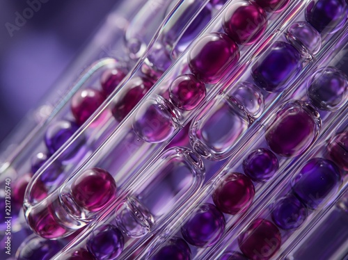 A 3D Abstract Scientific Illustration of Liquid Capsules and Deep Purple Orbs in Glass Tubes
