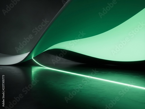 A Futuristic Architectural Curved Wall with Glowing Green Neon Strip Line