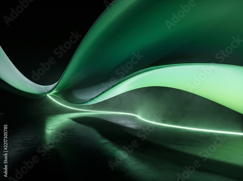 A Sleek Modern Minimalist Hallway with Glowing Green Light Accent and Dark Background