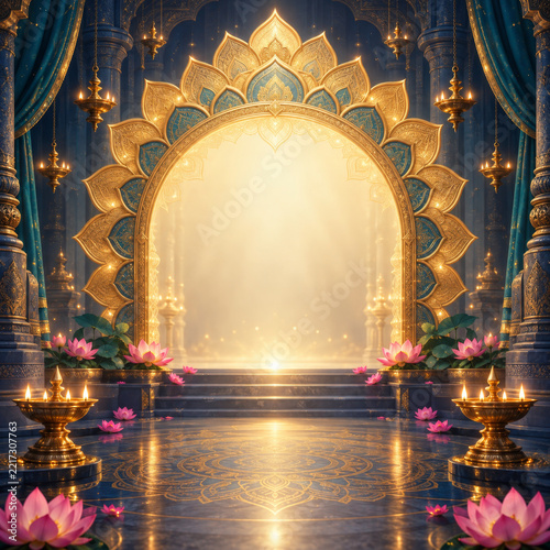 Golden mandala doorway lotus flower temple interior ornate arch glowing light hanging lamps spiritual ambiance decorative pillars blue curtain