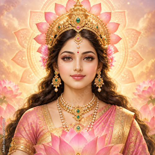Goddess portrait with golden crown and jewelry holding pink lotus flower, divine feminine beauty with serene expression and traditional attire