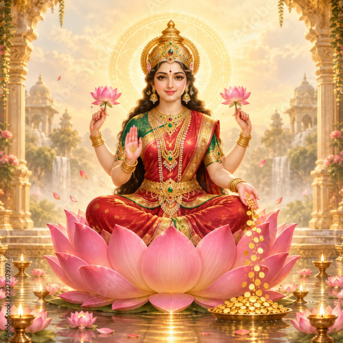 Goddess sitting lotus flower holding pink lotus flowers with golden coins pouring and traditional jewelry