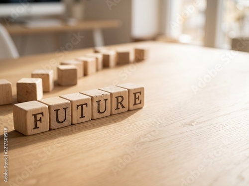 Wooden blocks spelling future on table symbolizing business planning