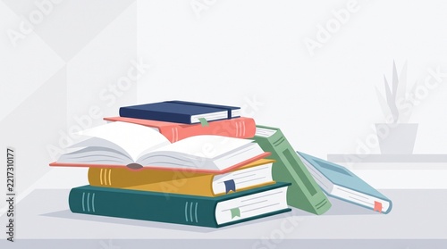 Stack of colorful books open and closed on a desk with a potted plant in the background,illustration