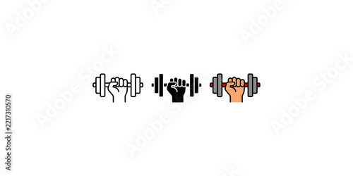 Obraz na plátně Three stylized weightlifting hand icons holding a barbell for strength training and fitness branding and gym designs