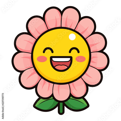 Happy Pink Flower Mascot Laughing with Closed Eyes Floral Flower Cartoon Kawaii
