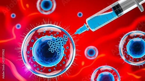 Medical syringe injecting a biological cell in a colorful microscopic science illustration