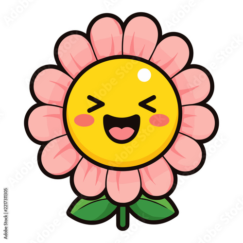 Excited Pink Flower Mascot Laughing with Eyes Closed Floral Flower Cartoon Kawaii
