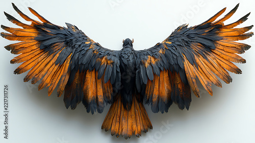 Digitally reconstructed harpy wings, their sharp talons and feathered surfaces vividly rendered against a clean white background 