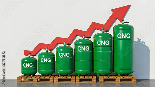 Green cng gas cylinders increasing in size with an upward arrow representing rising energy demand and consumption