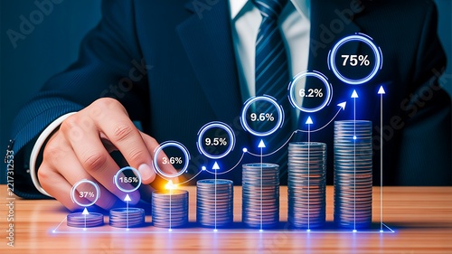 Businessman analyzing financial growth with rising bar charts and investment statistics
