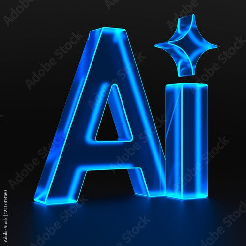 Blue AI lettering glows on dark background, with luminous cyan outlines and reflective three dimensional forms. Futuristic digital typography presents artificial intelligence as bold visual concept