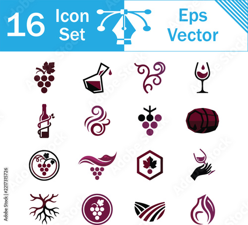 Wine related graphic icon set with grapes bottles and winery symbols