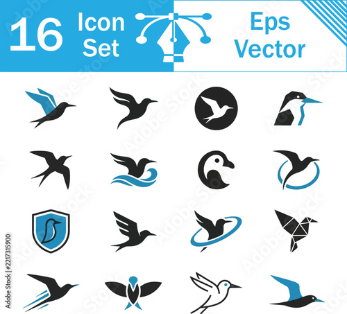Set of sixteen stylized hummingbird and exotic bird vector icons with bird logo
