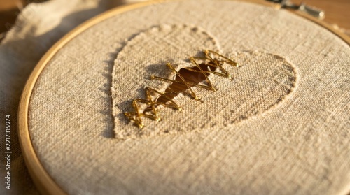 Embroidered Heart Repaired with Golden Thread in Wooden Hoop