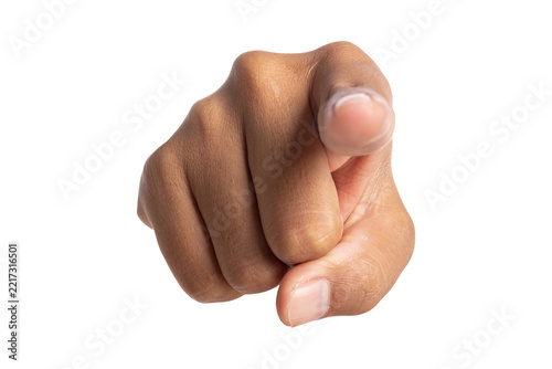 Close-up hand pointing at viewer on transparent background
