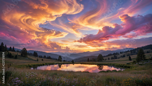 Stunning Colorful Cloud Formation at Dusk with Soft Light and Warm Hues Creating a Dreamy Atmosphere Across the Evening Sky with a Peaceful Landscape