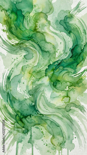 Vibrant Abstract Green Watercolor Brush Painting Background in High Angle View, Showcasing Fluid Shapes and Soft Textures to Evoke Calmness and Creativity