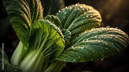 Artistic closeup of bok choy leaves adorned with shimmering water droplets, captured in a dramatic light setting that highlights the intricate details and vibrant colors