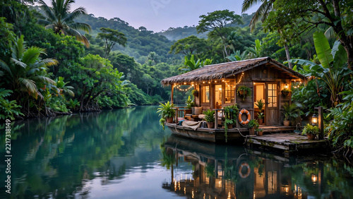 Charming Houseboat Docked in a Tropical Lagoon Surrounded by Vibrant Greenery at Dusk with Soft Light Creating a Calm Atmosphere on the Water's Surface