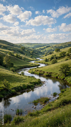 Breathtaking Landscape Featuring a Meandering River Nestled Among Rolling Green Hills Under a Vast Blue Sky with Soft, Fluffy White Clouds Evoking Serenity