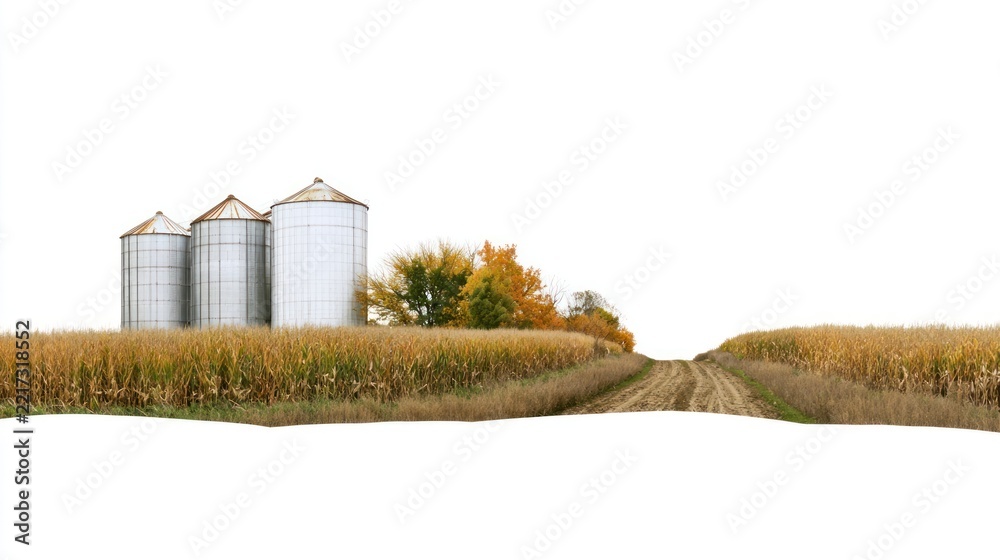 Fototapeta premium Tranquil rural landscape with silos and cornfield.