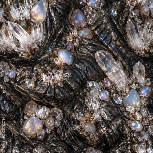 Mythical crystal creature skin close-up, raw quartz crystal clusters organically embedded in dark fibrous mineral skin