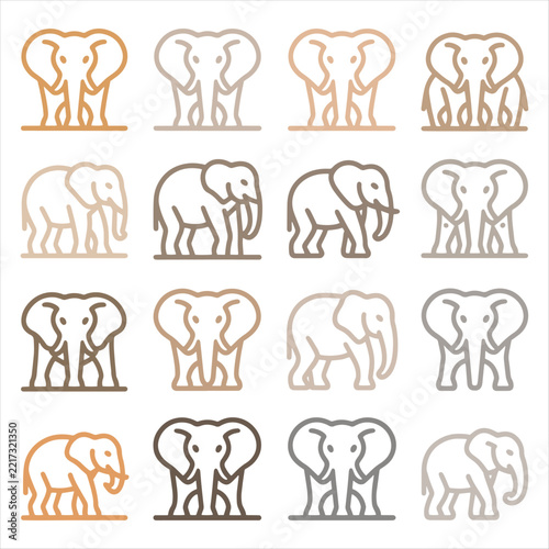 Set of minimalist elephant icons in various neutral colors for graphic design and digital interface projects