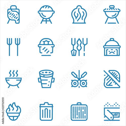 Set of blue line art icons representing outdoor cooking and barbecue equipment for culinary design projects