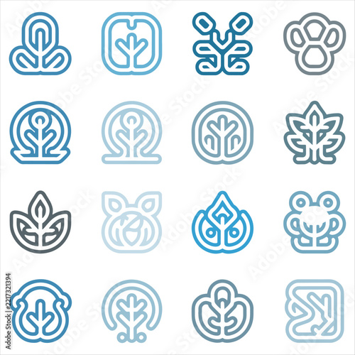 Set of Sixteen Abstract Tree and Nature Icons in Blue Linear Style