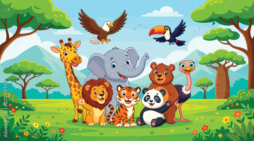 Fototapeta premium Group of cute cartoon wild animals in a sunny jungle nature landscape scenery