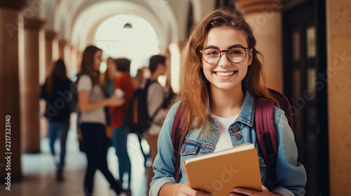 girl university student learning with backpack. young smiling woman student holding book in corridor, education concept.