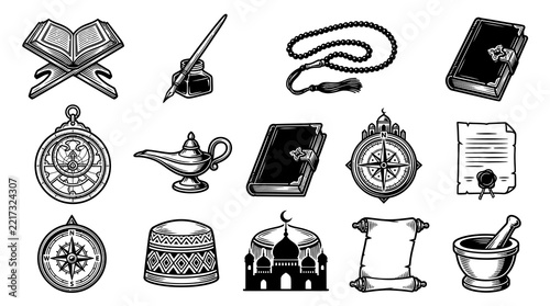 Black and White Vintage Line Art Icons: Islamic Heritage, Arabic Culture, and Middle Eastern Symbols