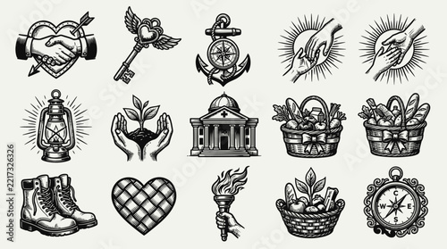 Vintage Engraved Line Art Icons Set - Community, Charity, Nature, Travel  Wellness Symbols