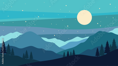 Moonlit Mountain Landscape with Pine Forest and Starry Sky Illustration