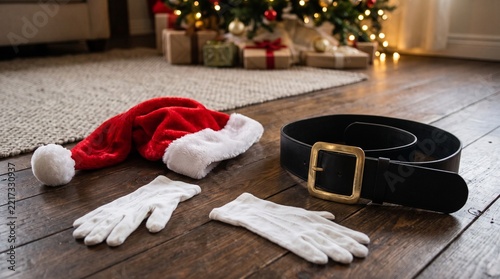 Image of Santa Claus outfits lying on the floor.