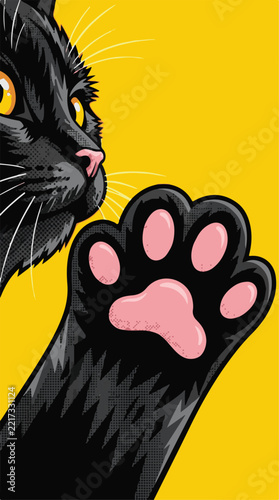 Black cat reaching up a paw showing pink toe beans on a bright yellow background in pop art style.   