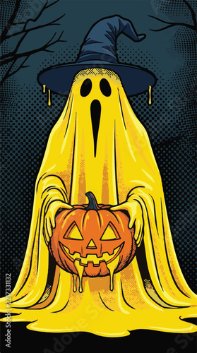 Spooky yellow ghost wearing a witch hat holding a carved dripping pumpkin in comic pop art style.   