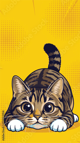 Cute tabby cat crouching low with big green eyes on a bright yellow background in comic vector style.   